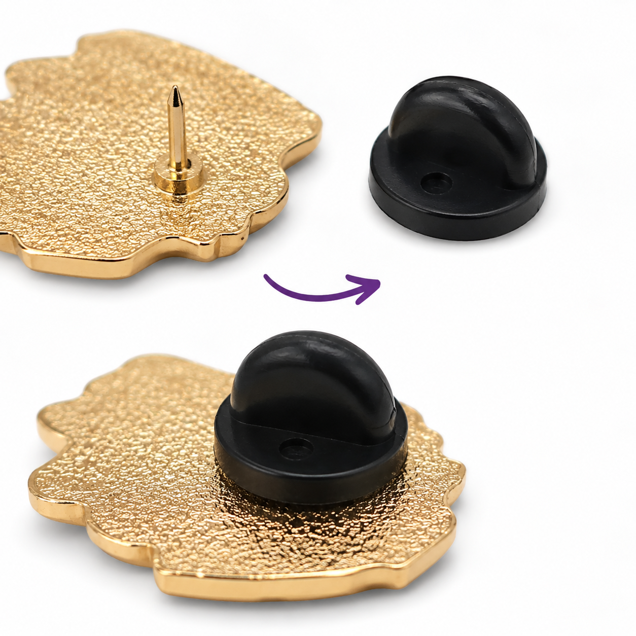 Gold enamel pin with black rubber back, secure push-on fastener