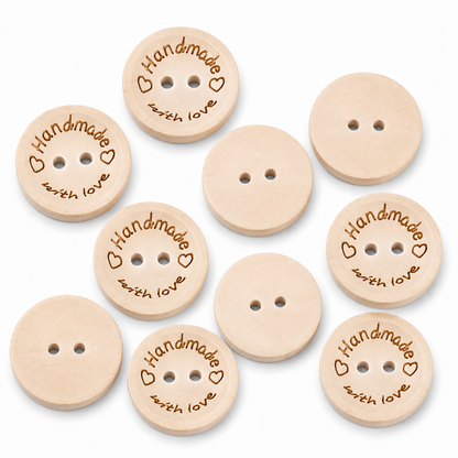 Assorted natural wood sewing buttons; round fronts with "Handmade with Love" engraving and two holes