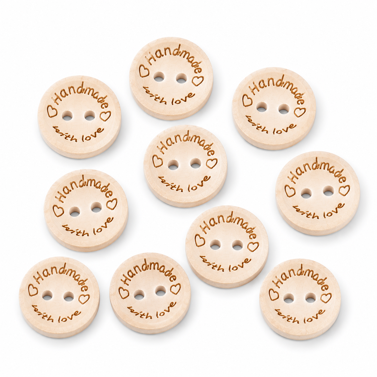 Assorted natural wood buttons with engraved "Handmade with Love" text and two-hole button faces