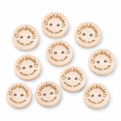 Assorted natural wood buttons with engraved "Handmade with Love" text and two-hole button faces