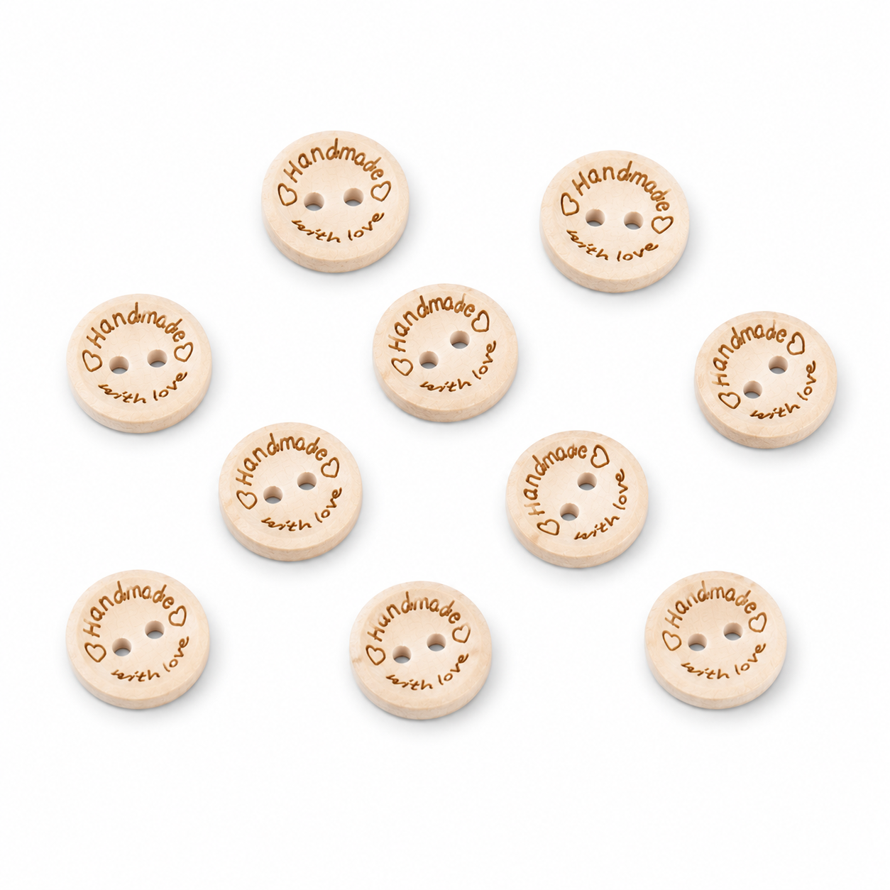Assorted natural wood sewing buttons; some engraved "Handmade with Love" and some plain two-hole