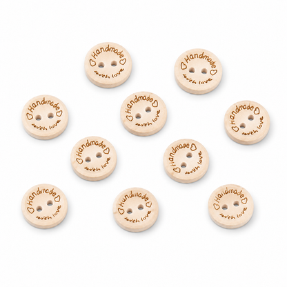 Assorted natural wood sewing buttons; some engraved "Handmade with Love" and some plain two-hole