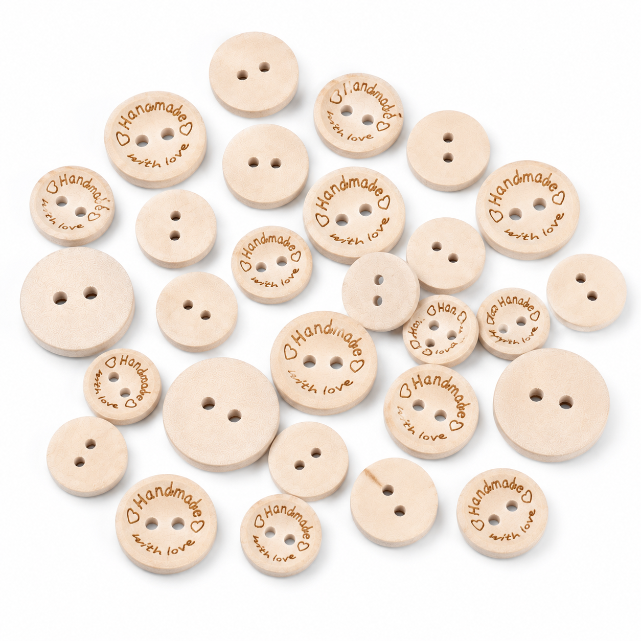 Mixed natural wood buttons; round two-hole fronts, with "Handmade with Love" engraving on some