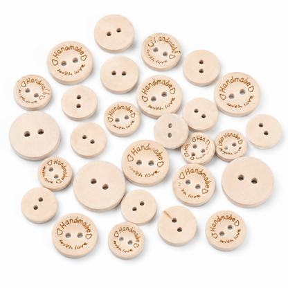 Mixed natural wood buttons; round two-hole fronts, with "Handmade with Love" engraving on some