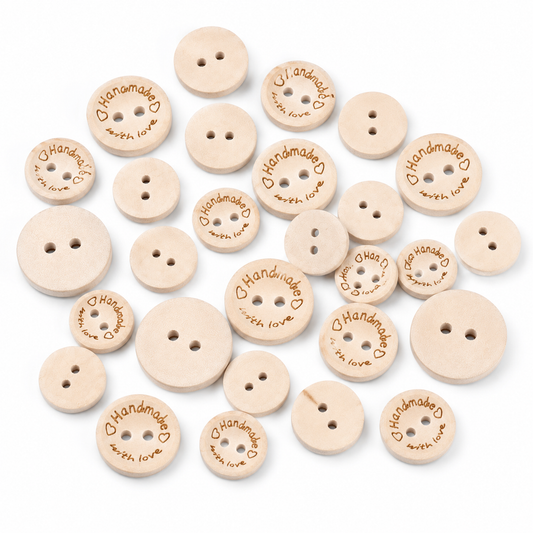 Mixed natural wood buttons; round two-hole fronts, with "Handmade with Love" engraving on some
