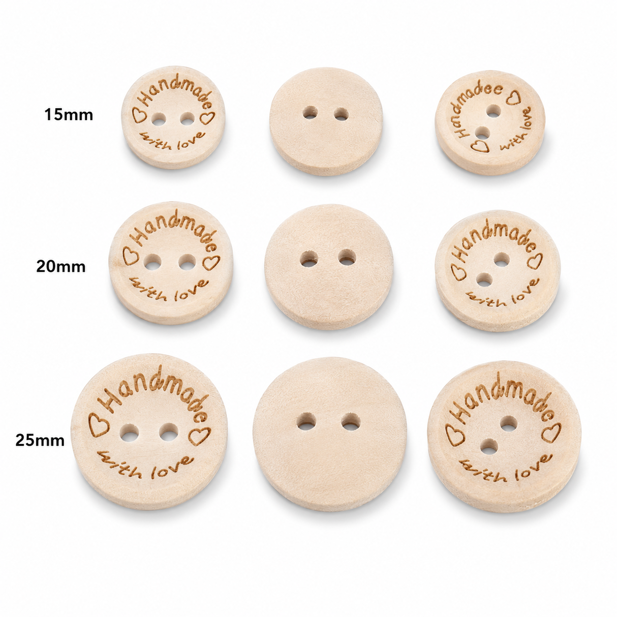 Natural wood sewing buttons in sizes 15mm, 20mm, 25mm; engraved "Handmade with Love" two-hole