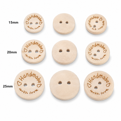 Natural wood sewing buttons in sizes 15mm, 20mm, 25mm; engraved "Handmade with Love" two-hole