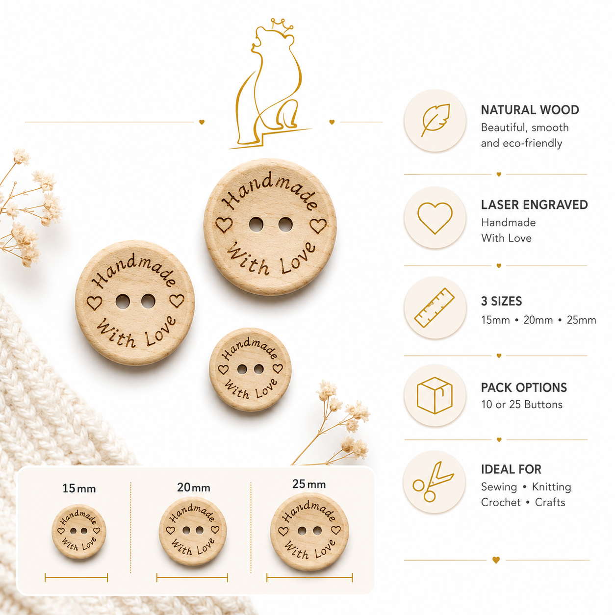 Natural wood buttons, 15mm/20mm/25mm; "Handmade with Love" engraved on round two-hole fronts