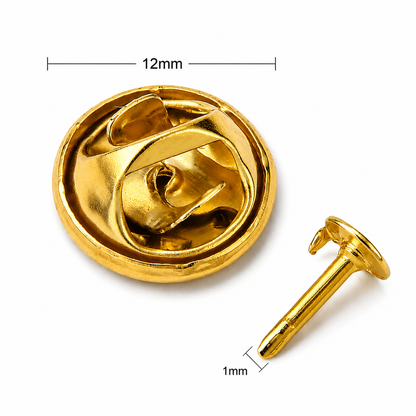 Gold butterfly clutch pin back with pin post, circular lock, 12mm size, 1mm pin.