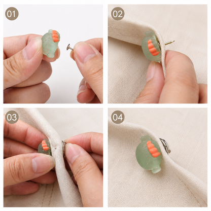 Step-by-step: hands fixing a silver butterfly clutch pin back to cloth