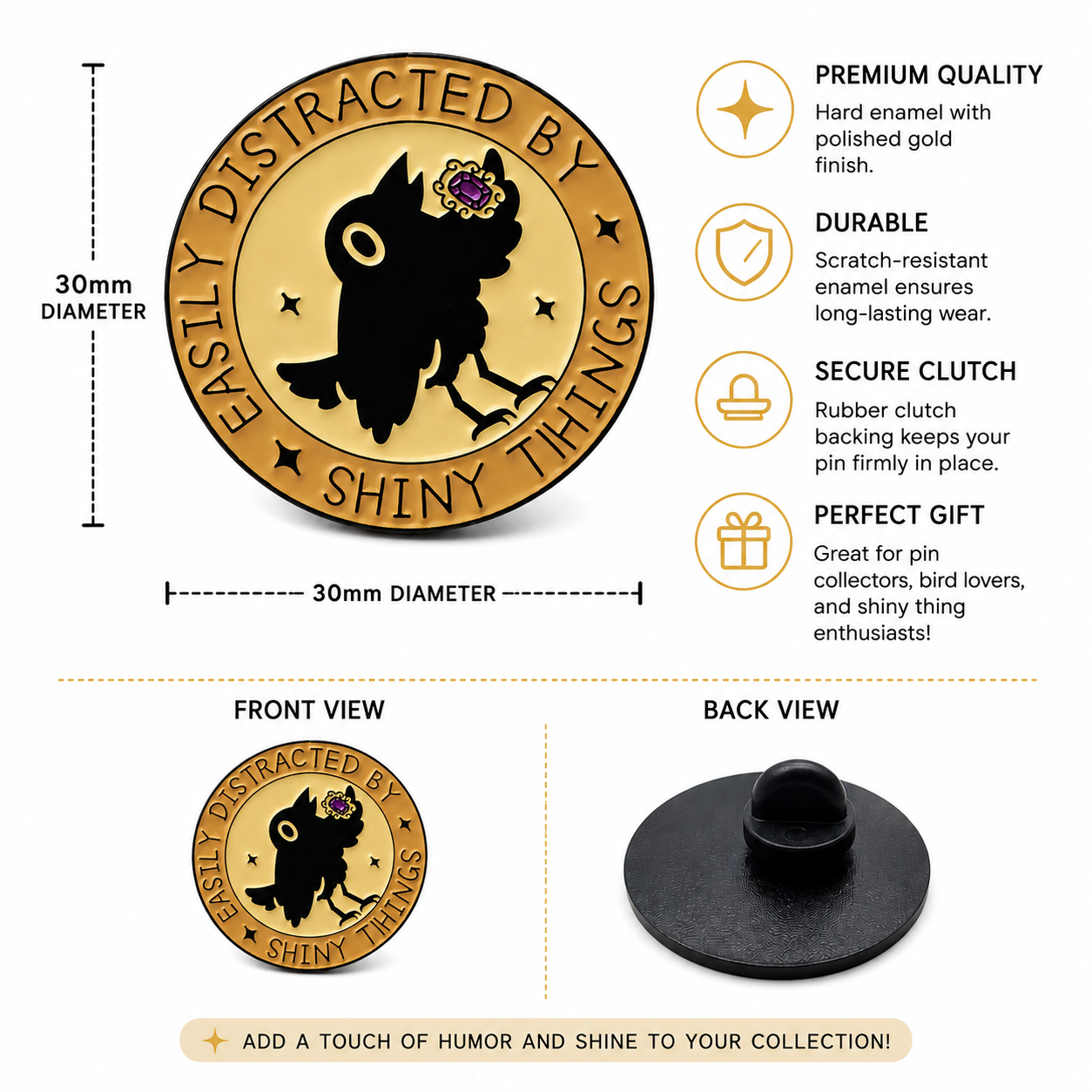 Gold circular enamel pin front, 30mm; black crow silhouette with purple flower