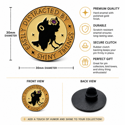 Gold circular enamel pin front, 30mm; black crow silhouette with purple flower