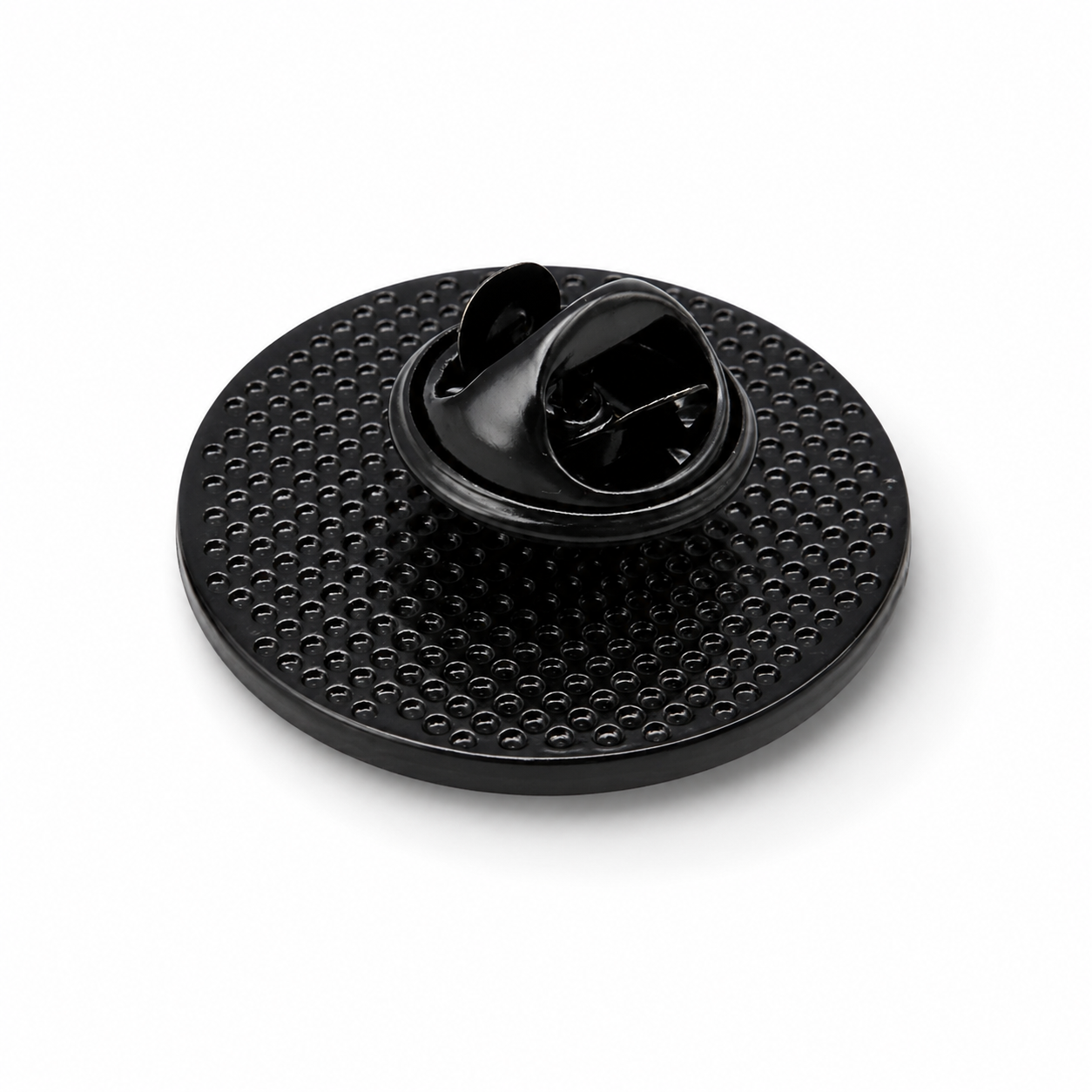 Black enamel pin back with round perforated design and clutch mechanism