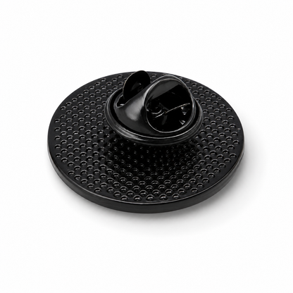 Black enamel pin back with round perforated design and clutch mechanism