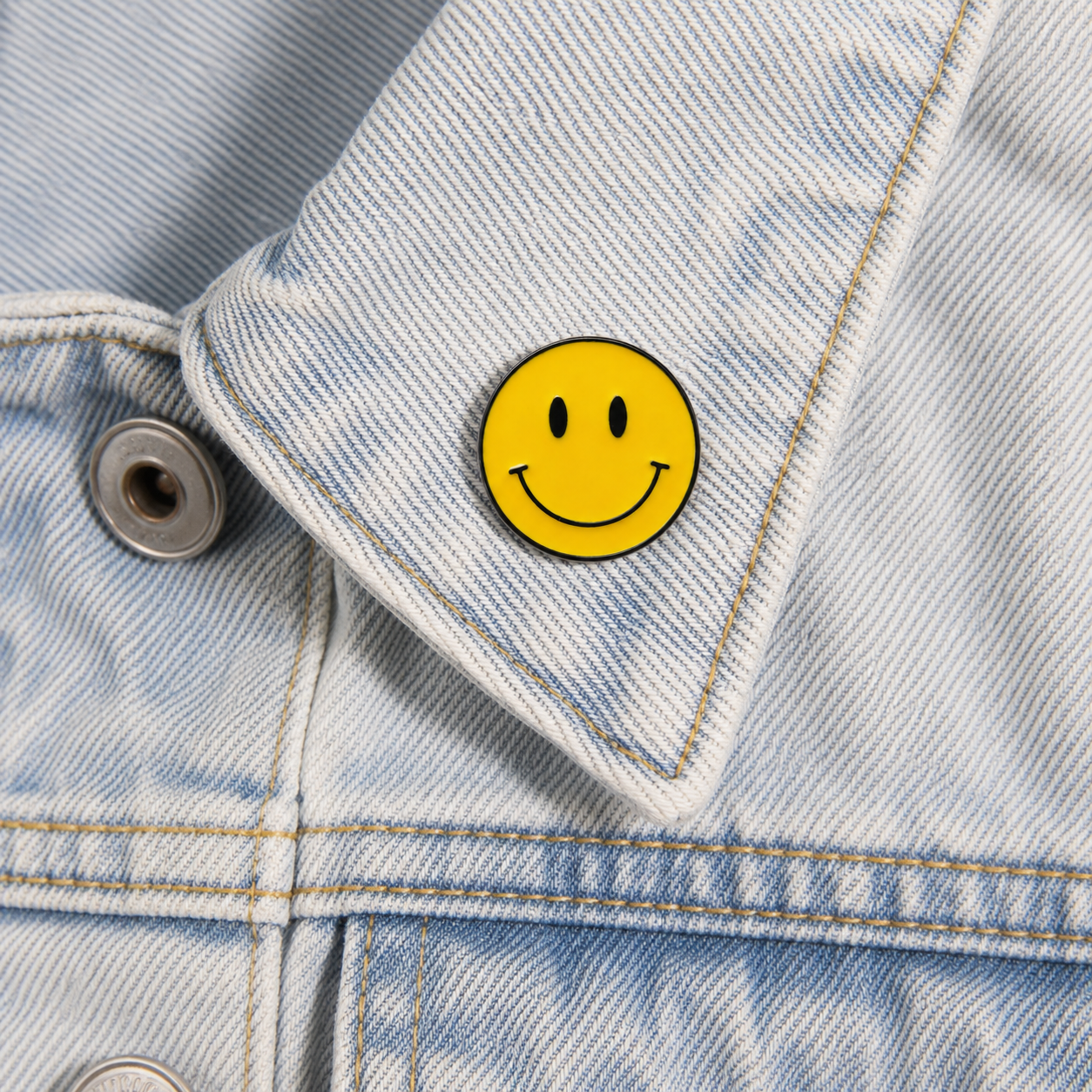 Yellow smiley face enamel pin badge on light blue denim jacket pocket