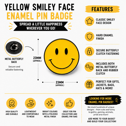 Yellow smiley face enamel pin badge showing front and metal butterfly clutch back