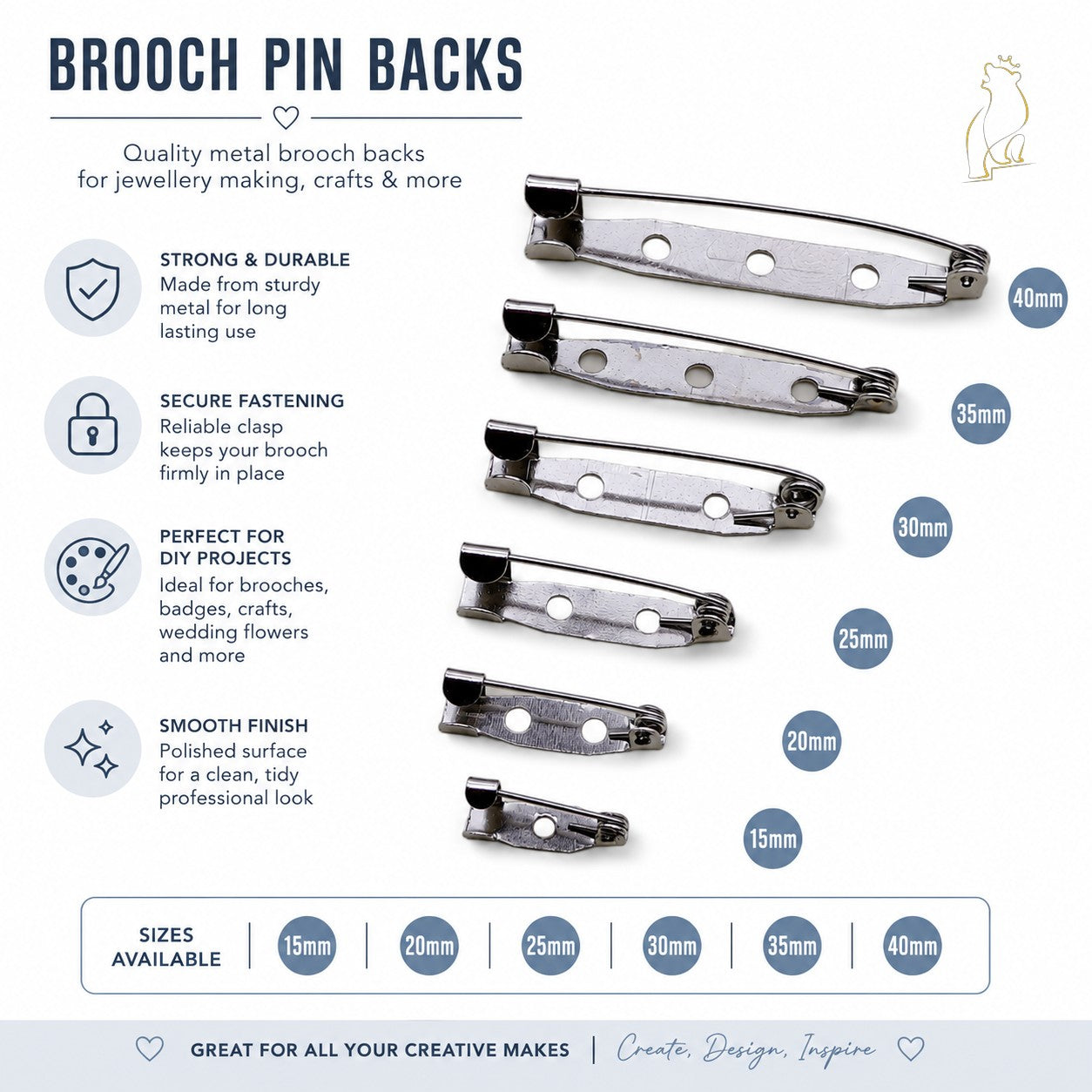 Silver brooch pin backs, assorted sizes with safety clasp and round holes