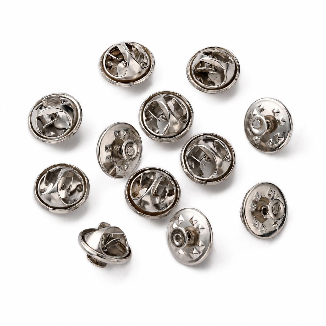 Assorted silver butterfly clutch pin backs, round metal design