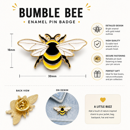 Bumblebee enamel pin badge with black-and-yellow body and white wings