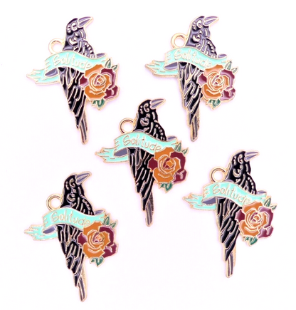 5 Crow With Solitude Banner Enamel Charms