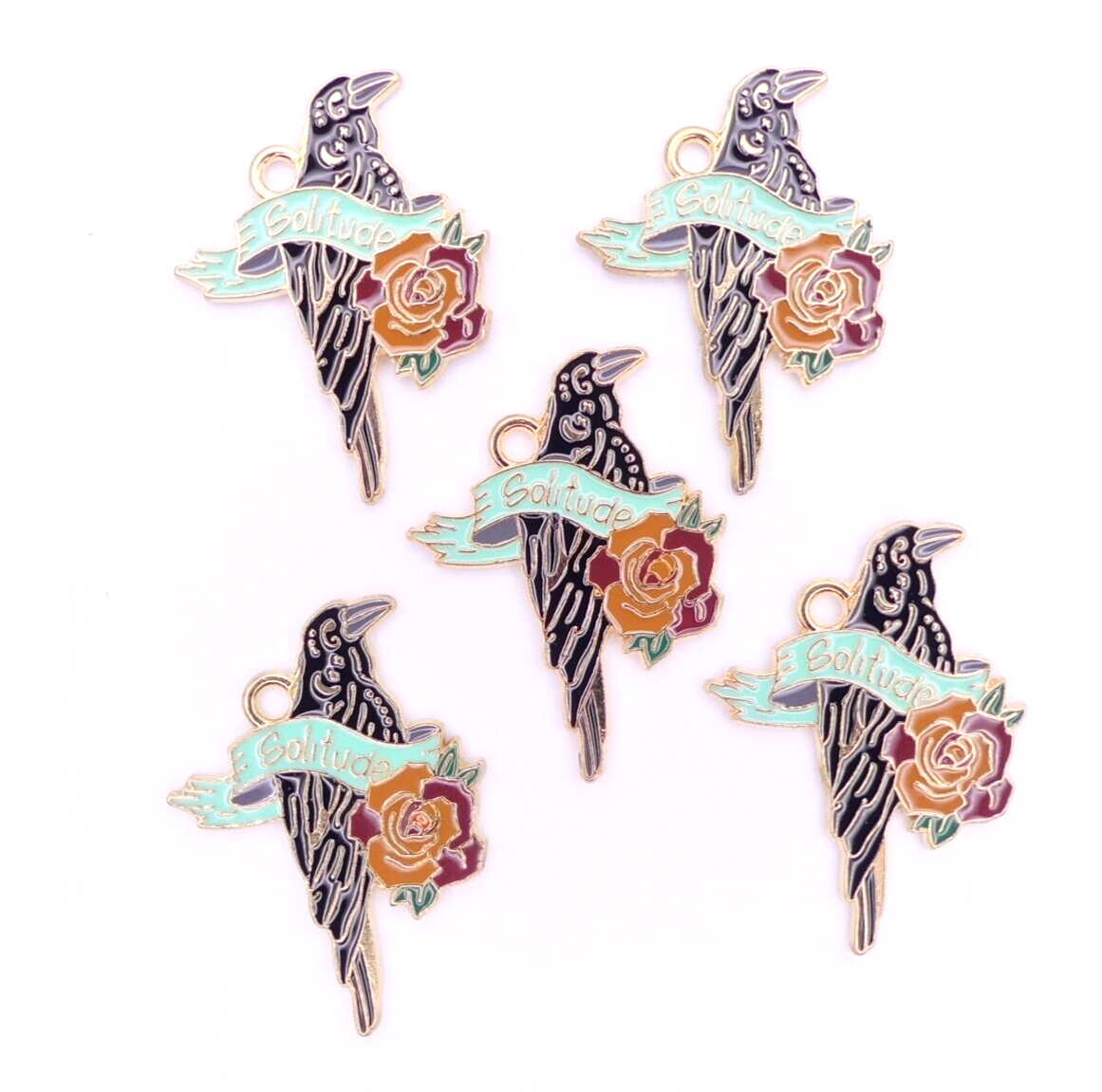 5 Crow With Solitude Banner Enamel Charms