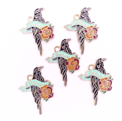 5 Crow With Solitude Banner Enamel Charms