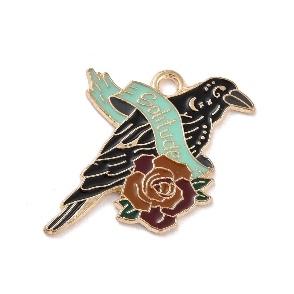 5 Crow With Solitude Banner Enamel Charms