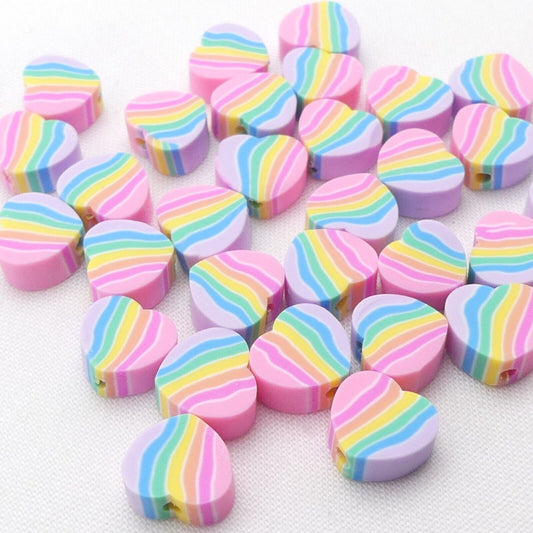 30 Heart Shaped Rainbow Polymer Clay Spacer Beads,  Rainbow Heart Beads