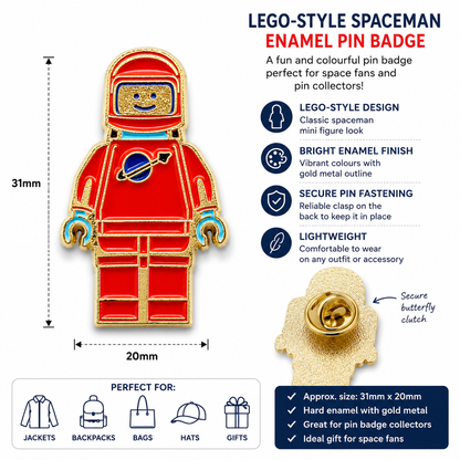 Red spaceman enamel pin badge with gold-tone butterfly clutch pin backing