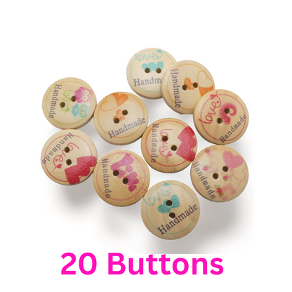 Handmade With Love Wooden Buttons 20mm Sewing Crafts 10s / 20s / 30s Button