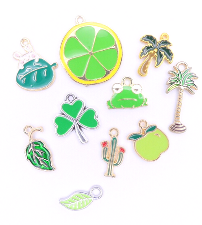 10 Lime Green Holiday Mixed  Enamel Charms Jewellery Making