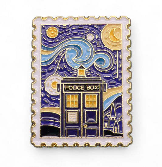 Dr Who Tardis Police Box Enamel Pin Badge "Van Gogh Starry Night" Postage Stamp