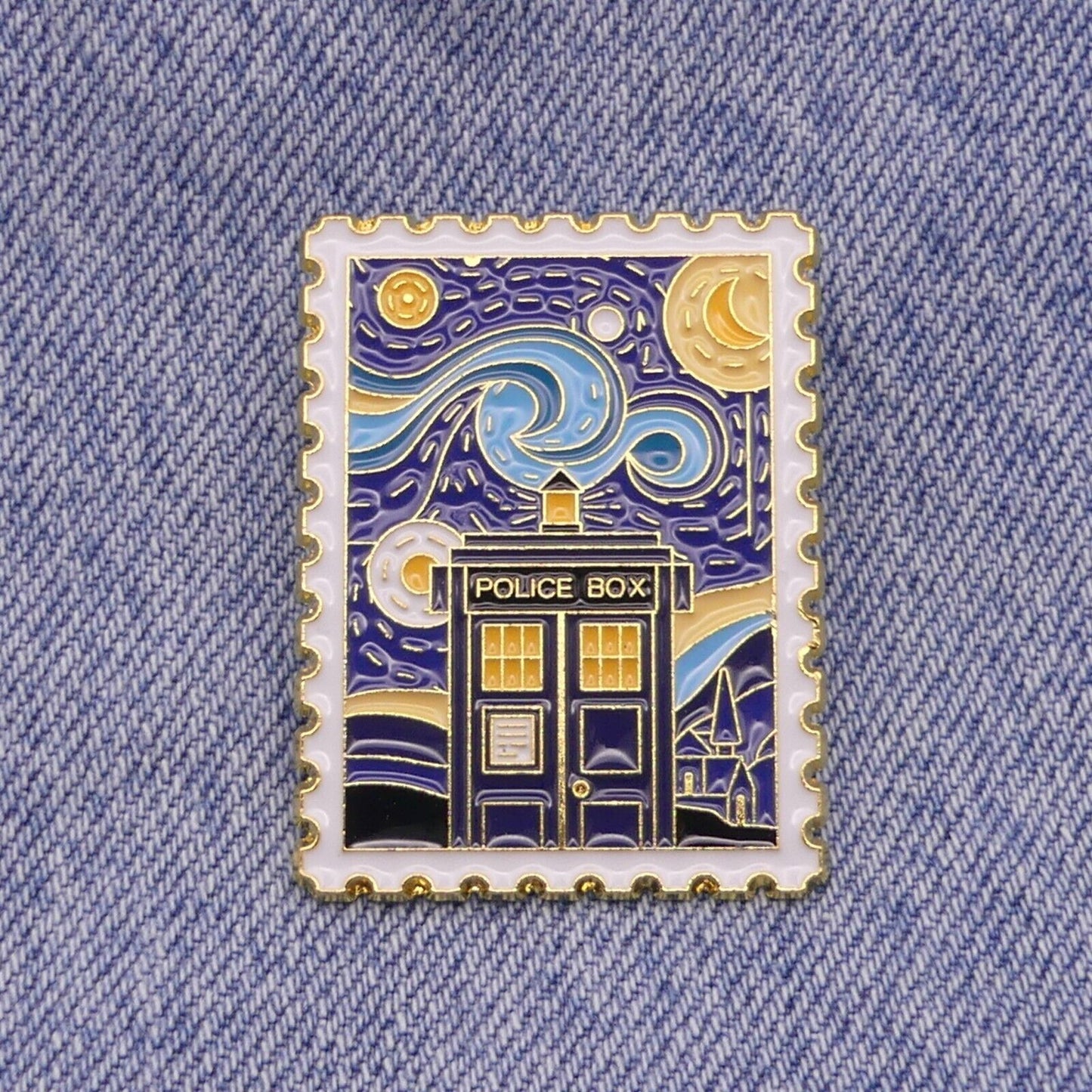 Dr Who Tardis Police Box Enamel Pin Badge "Van Gogh Starry Night" Postage Stamp