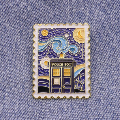 Dr Who Tardis Police Box Enamel Pin Badge "Van Gogh Starry Night" Postage Stamp