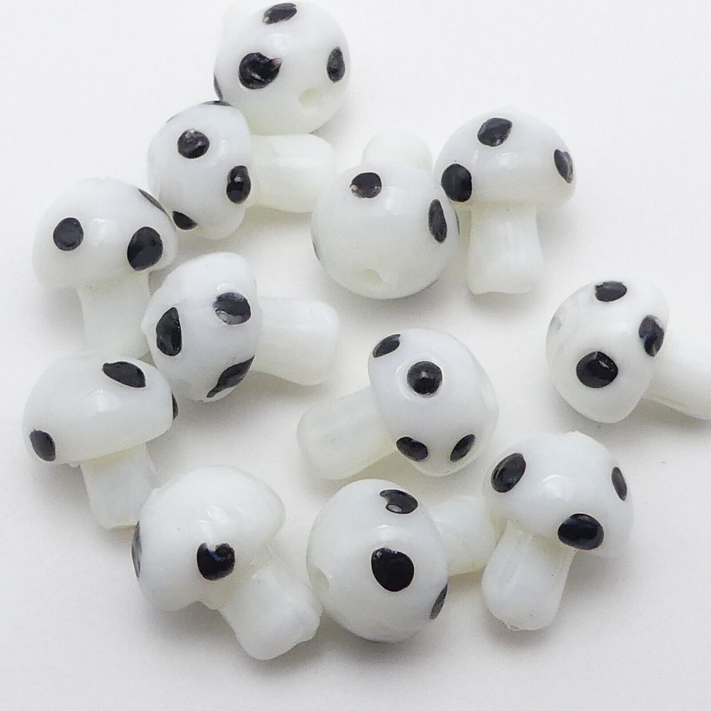 12 White And Black Glass Mushroom Beads Handmade 14mm Millefiori Beads