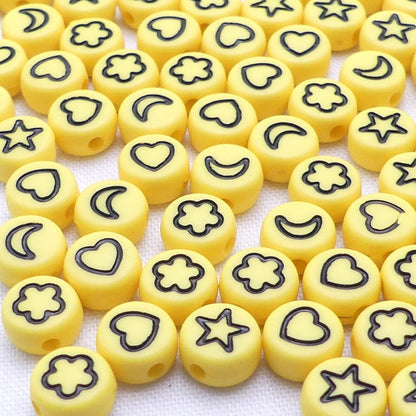 100 Yellow beads, With Black Heart, Flower, Star and Moon Symbols Random Mix