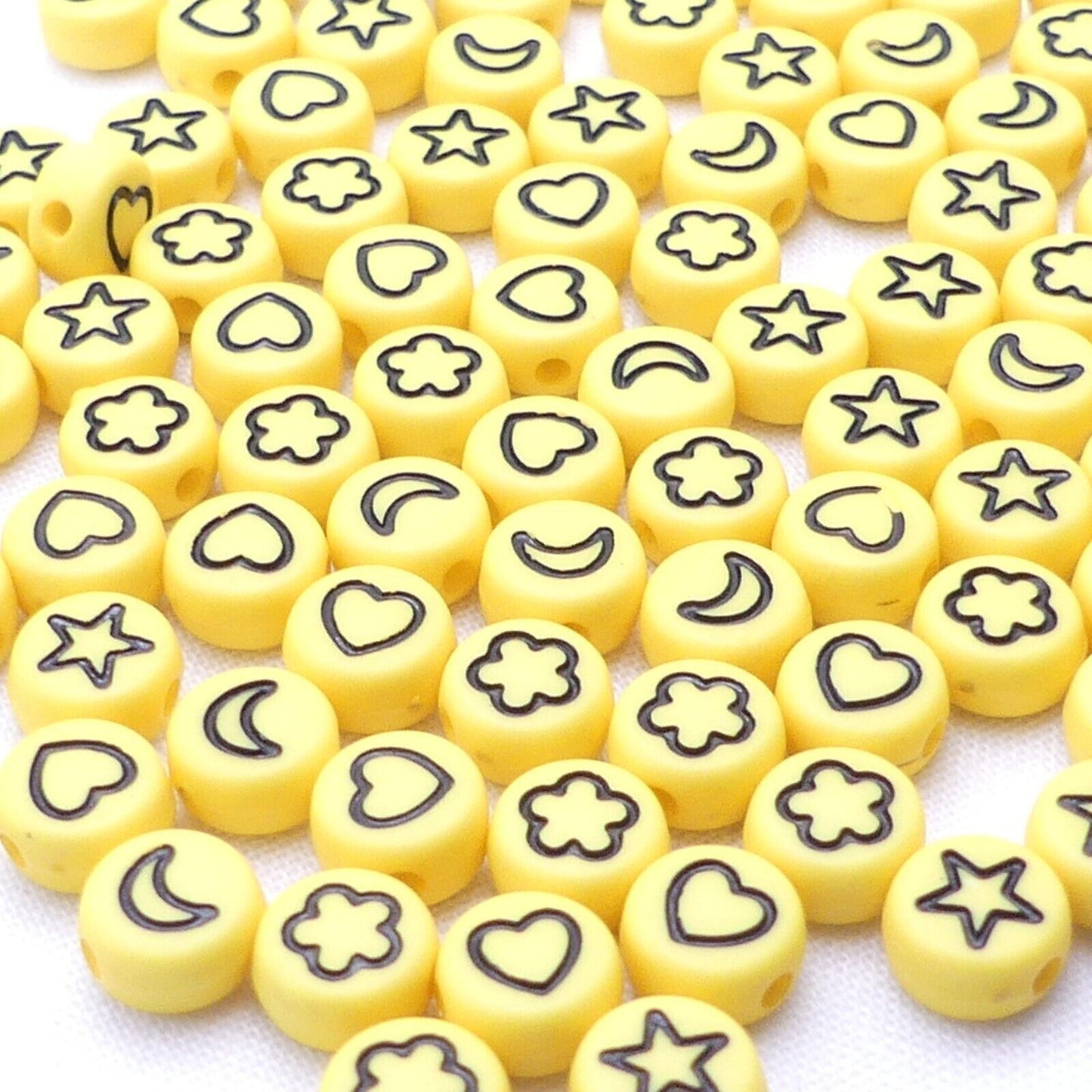 100 Yellow beads, With Black Heart, Flower, Star and Moon Symbols Random Mix