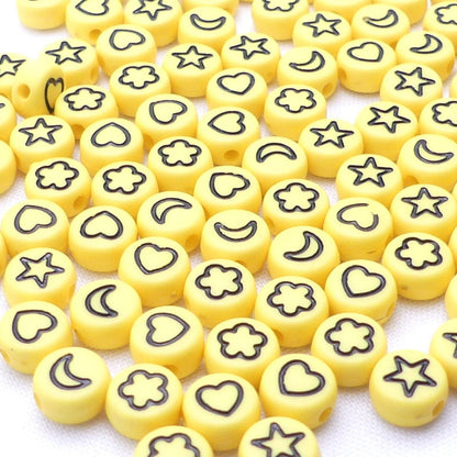 100 Yellow beads, With Black Heart, Flower, Star and Moon Symbols Random Mix