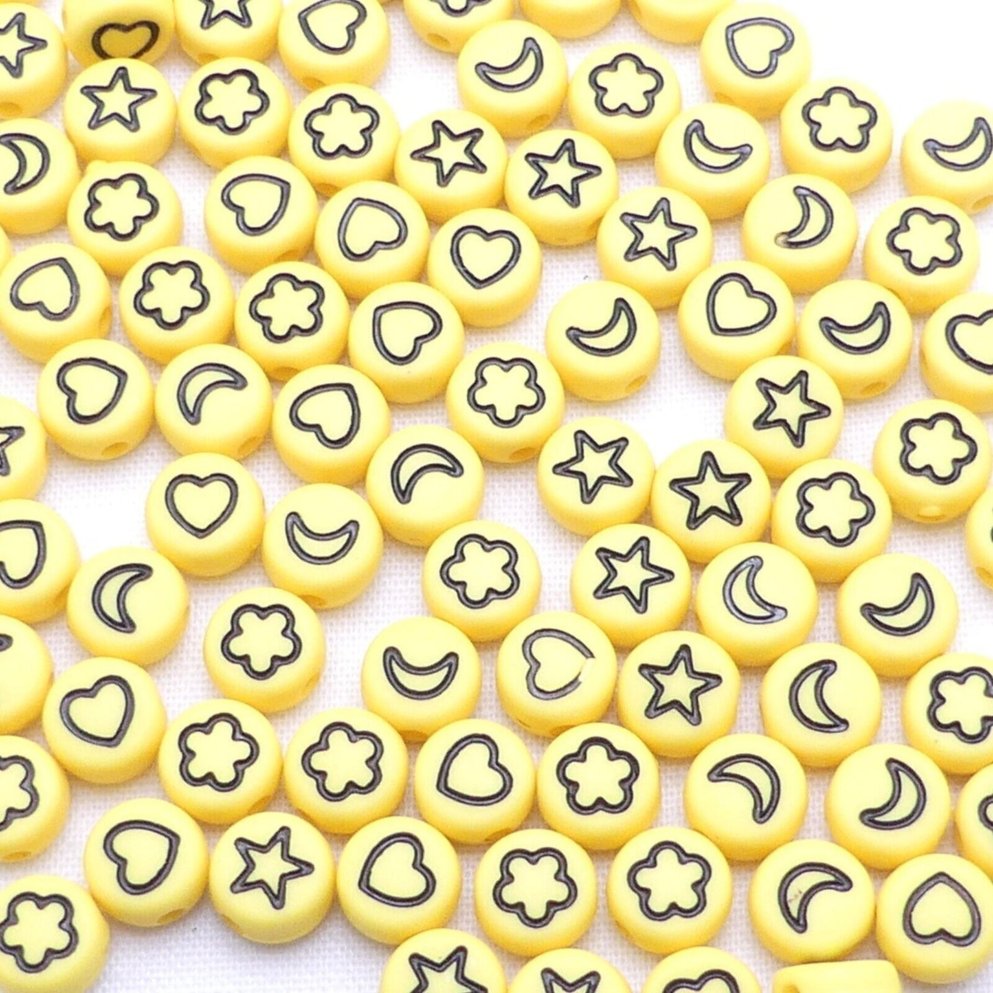 100 Yellow beads, With Black Heart, Flower, Star and Moon Symbols Random Mix