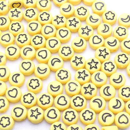 100 Yellow beads, With Black Heart, Flower, Star and Moon Symbols Random Mix