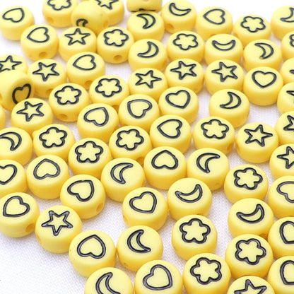 100 Yellow beads, With Black Heart, Flower, Star and Moon Symbols Random Mix