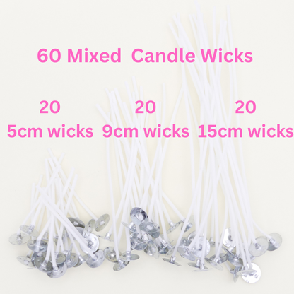 60 Waxed Candle Wicks Mixed Set 20 Each 5cm 9cm 15cm Cotton Sustainer Wick