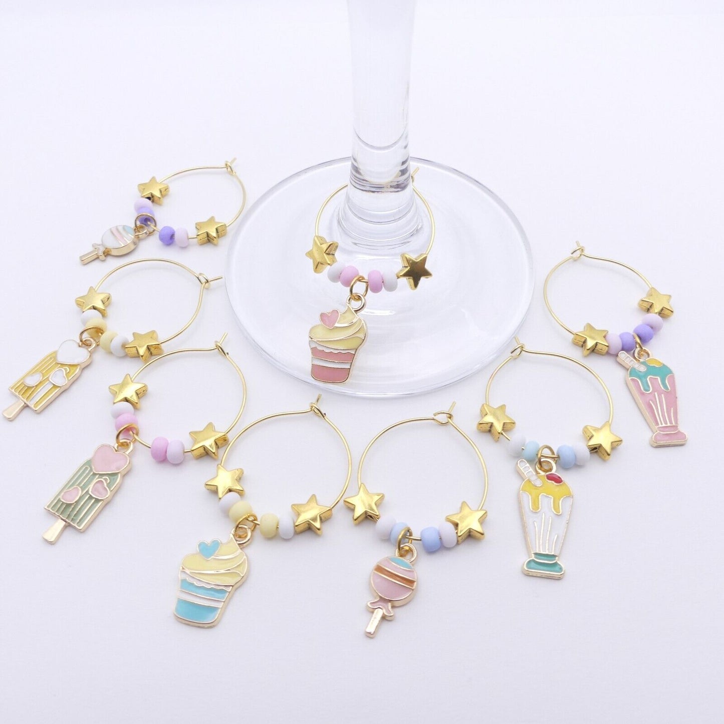 Set 8 Enamel Wine Glass Charms Ideal Garden Birthday Or Dinner Party