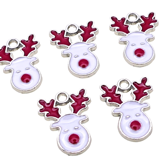 10 Red & White Christmas Rudolph Reindeer Silver Tone Enamel Charms