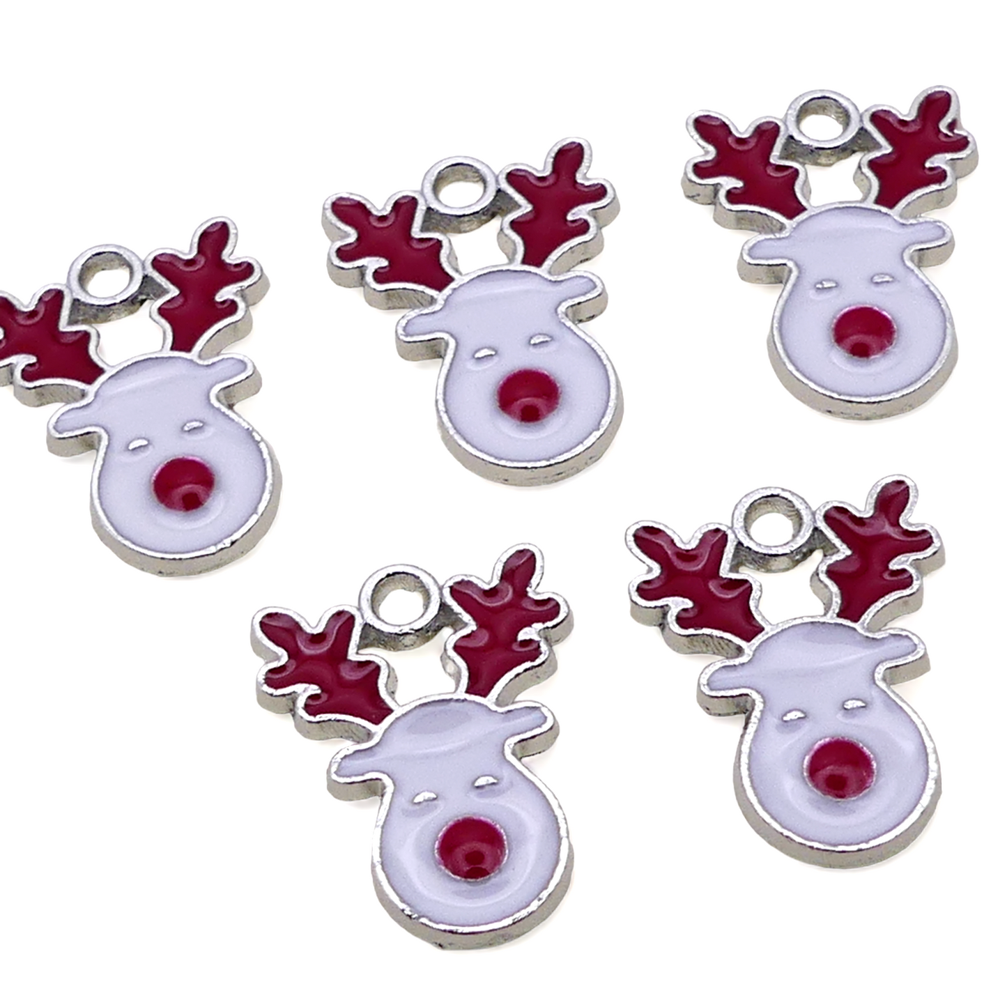 10 Red & White Christmas Rudolph Reindeer Silver Tone Enamel Charms