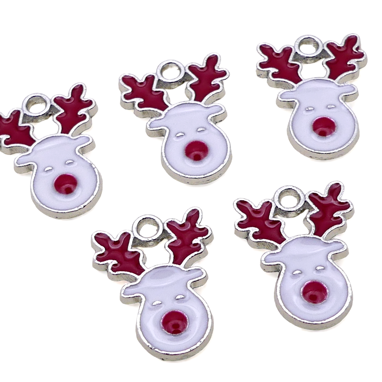 10 Red & White Christmas Rudolph Reindeer Silver Tone Enamel Charms