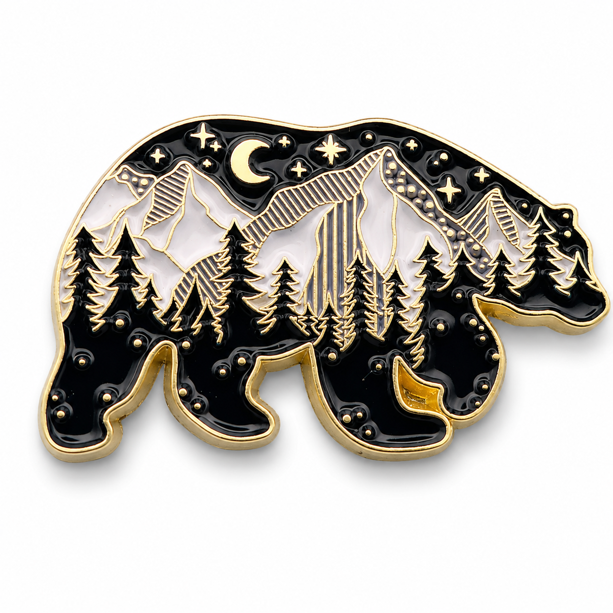 Black enamel bear pin with starry night sky, moon, and pine trees