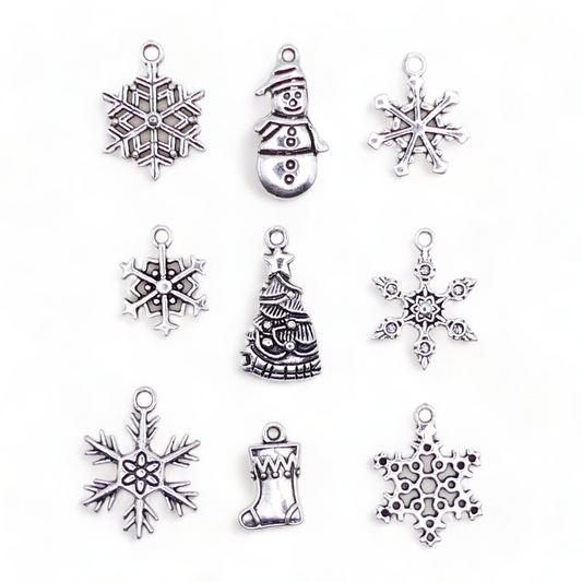 9 Tibetan Antique Silver Christmas Charms Festive Jewellery Snowman Snowflake