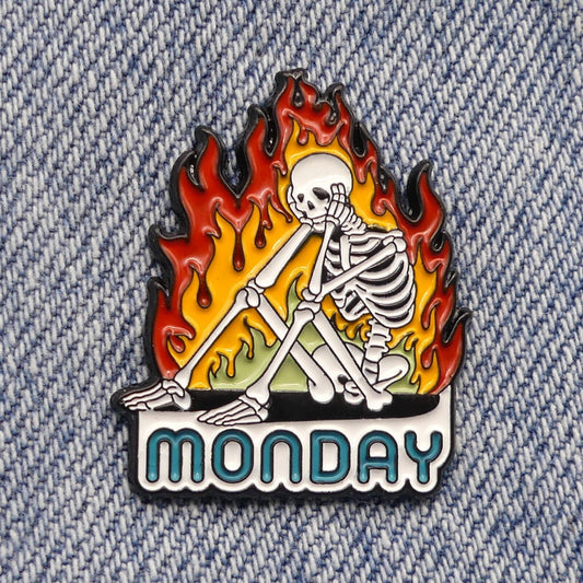 Monday skeleton on fire Enamel Pin Badge