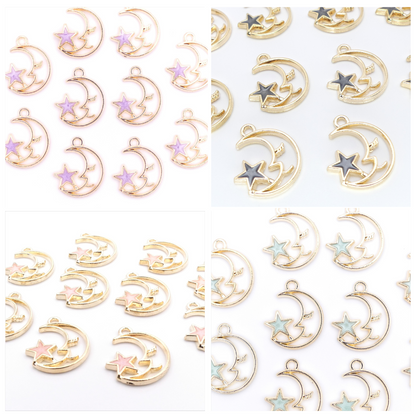 10 Gold-Tone Moon Charms with Enamel Star – Choice of 4 Colors